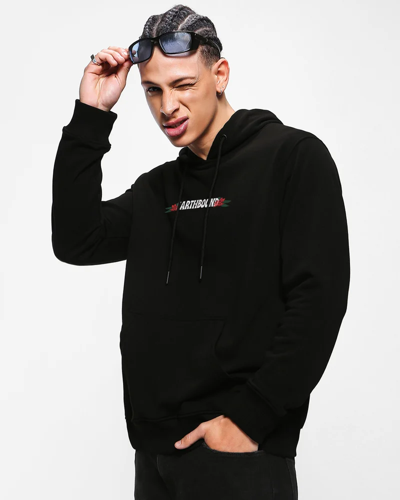 بيواكوف Men's Jet Black Trailblazer Graphic Printed Hoodies